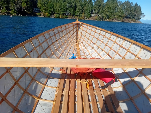 Picture of the skinned boat from the stern, on the waters of Pilot Bay on Gabriola Island